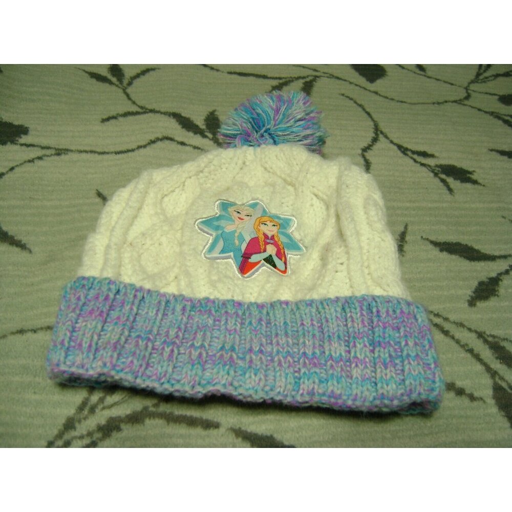 Frozen Anna Elsa Sisters Winter Hat Beanie Cap White Purple Blue Girls Pom Pom